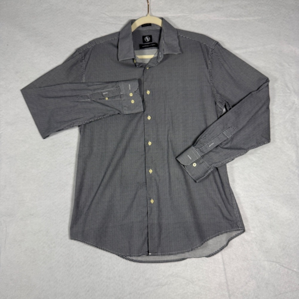 Adrienne Vittadini Mens Slim Fit Stretch Shirt Navy White Micro Houndstooth L 16